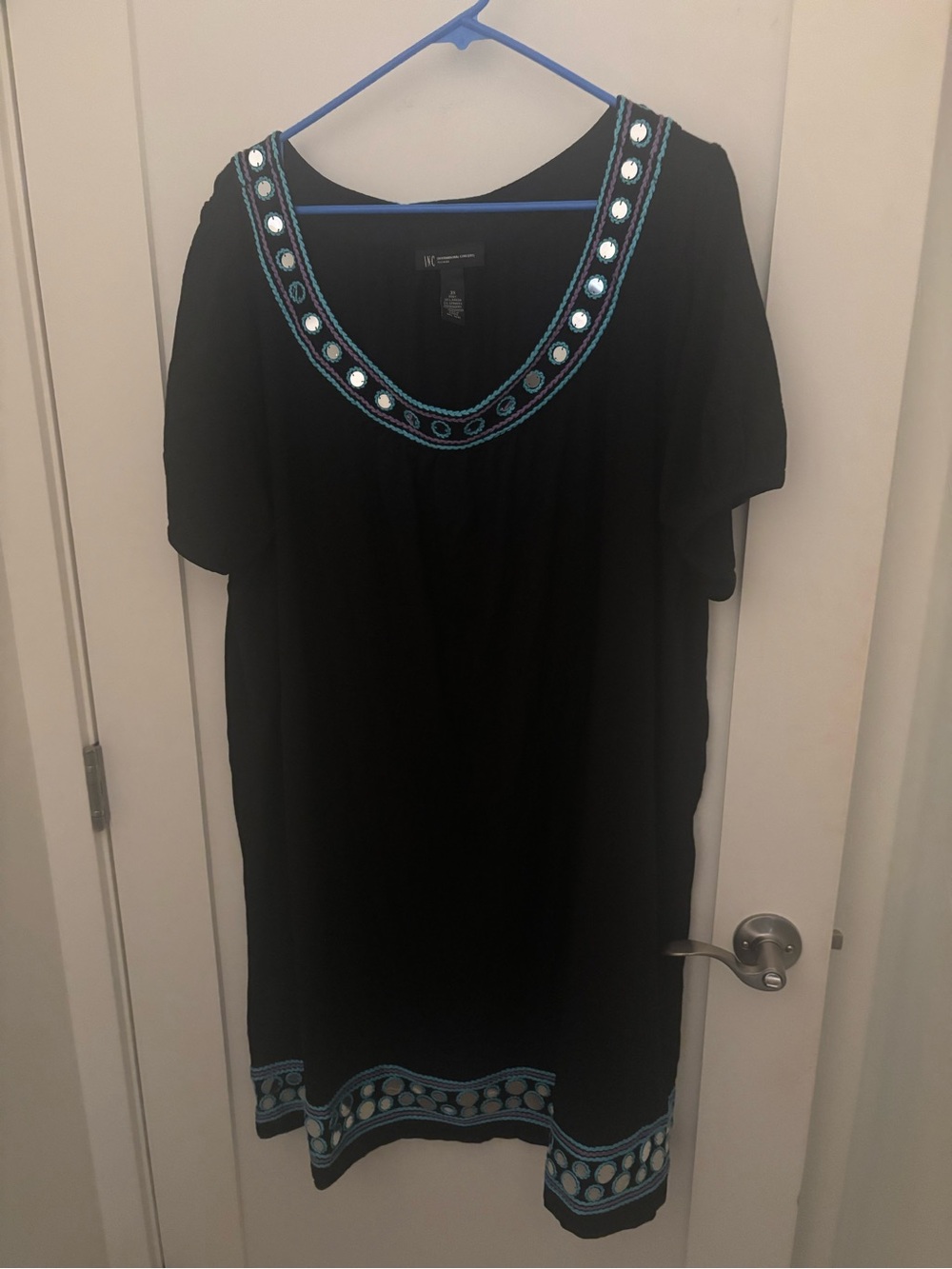 INC International Concepts Black Midi Dress with Teal Embroidery